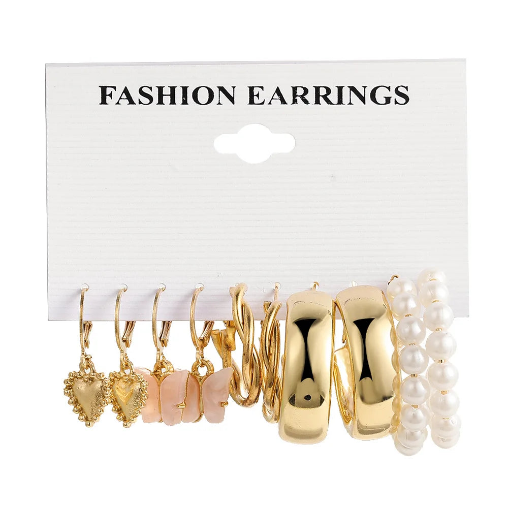 LATS Grand ensemble de boucles d'oreilles créoles bohèmes pour femmes, couleur or, style bohème, vintage, perle, boucles d'oreilles carrées, clous d'oreilles cœur en zircon, bijoux