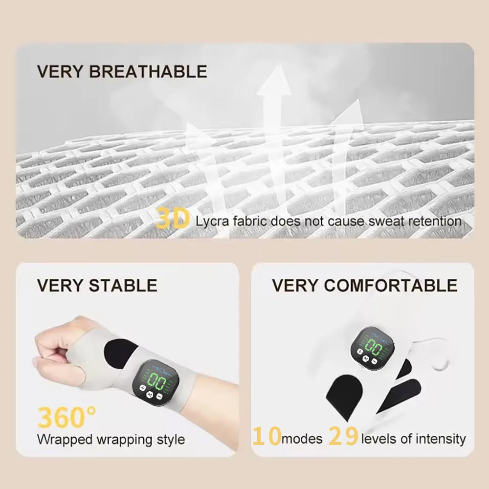 Masseur de poignet électrique sans fil EMS 10 modes de vibration Soulagement de la fatigue musculaire des mains Massage Rechargeable USB Attelle de poignet