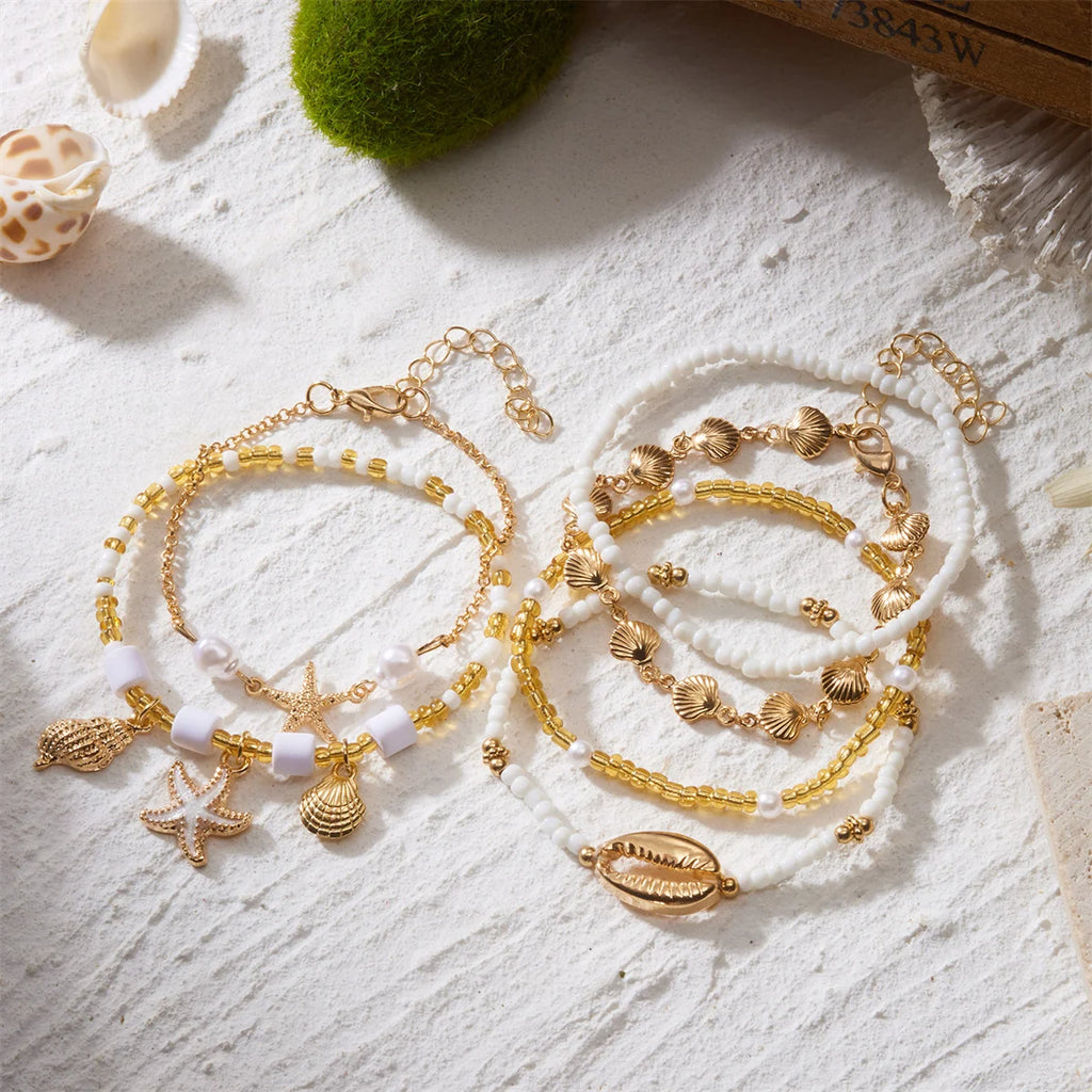 Bohemian Shell Starfish Bead Bracelet Set for Women Summer Beach Multilayer Starfish Conch Stacked Bracelet Party Jewelry Gifts