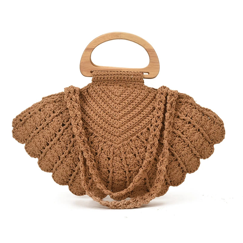 Sac à bandoulière en crochet tissé pour femme, style rétro, en forme d'éventail, collection 2026, sac de plage style Ins, polyvalent, avec poignée en bois