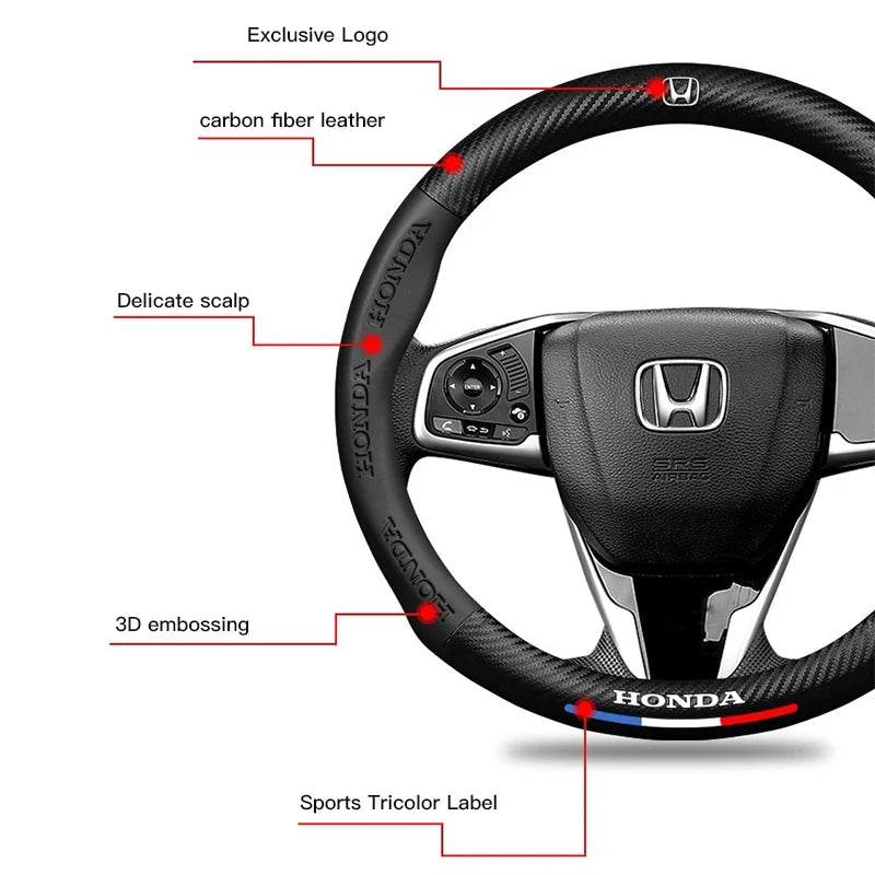 38cm Car Carbon Fiber Steering Wheel Cover For Honda Civic FIT CRV Accord Jazz HRV Car Interior Non-slip Steering Wheel Cover
