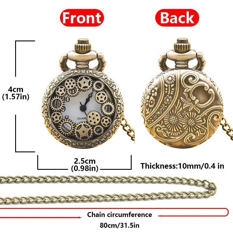 Petite montre de poche à quartz en bronze de style Steampunk, motif engrenage, sculptée en forme de trompette, avec chaîne, pour homme et femme, cadeau