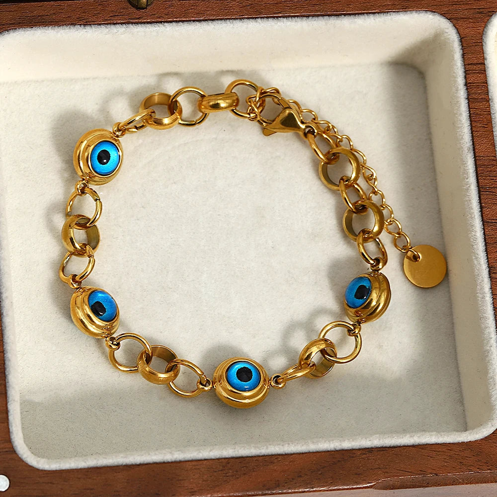 Greatera Lucky Turkish Evil Eye Beads Chain Stainless Steel Bracelets for Women Gold Plated Charm Waterproof Jewelry