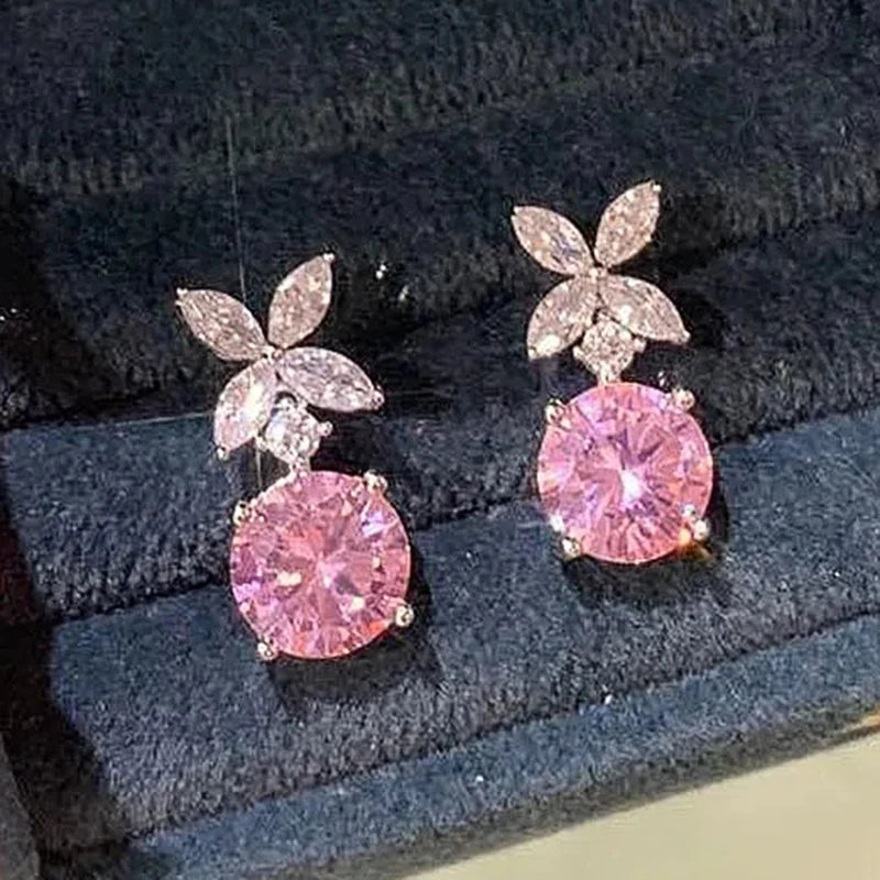 Huitan Exquisite Flower Dangle Earrings Pink Cubic Zirconia for Women Silver Color Temperament Sweet Accessories Fashion Jewelry