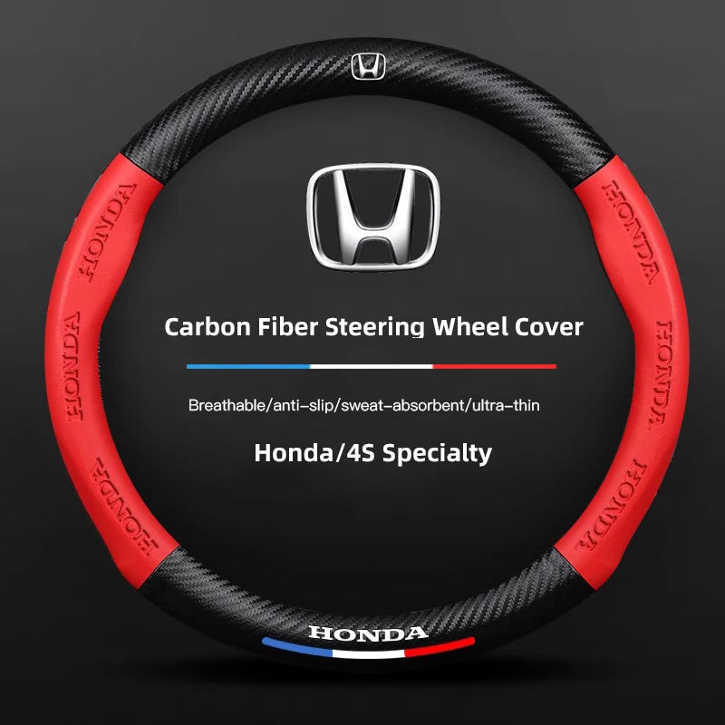 38cm Car Carbon Fiber Steering Wheel Cover For Honda Civic FIT CRV Accord Jazz HRV Car Interior Non-slip Steering Wheel Cover
