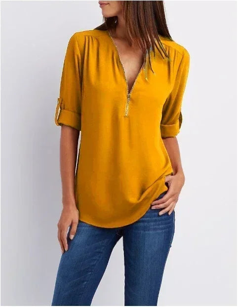 Chemise ample d'été pour femmes Col en V profond Blouse en mousseline Décontracté Tops pour femmes Sexy Fermeture éclair Pull Grande taille Manches longues Tendance