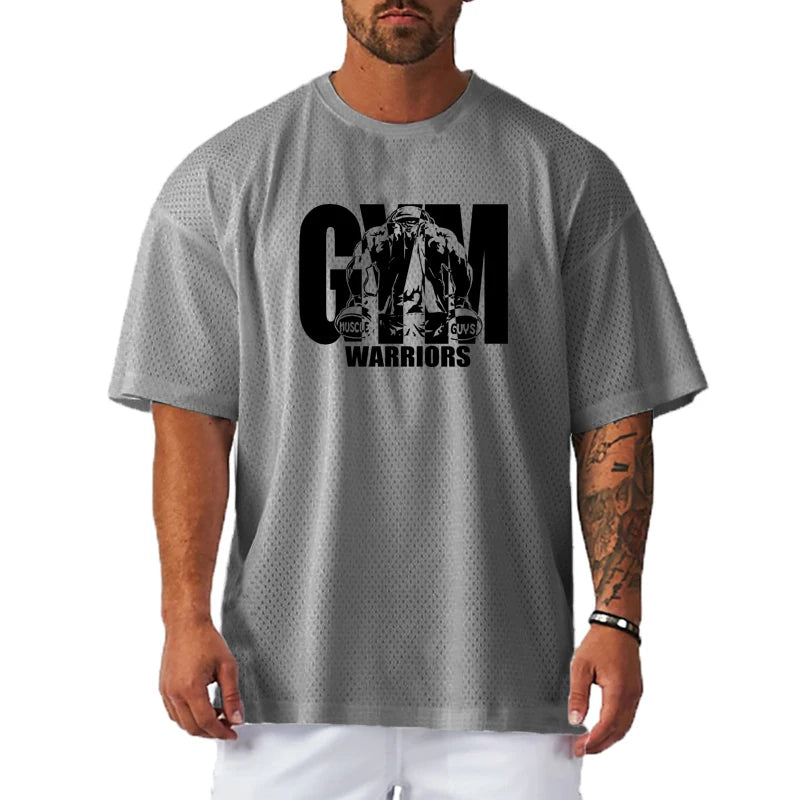 T-shirt décontracté ample pour homme - Sport, gym, musculation, manches courtes, été, maille, séchage rapide, respirant
