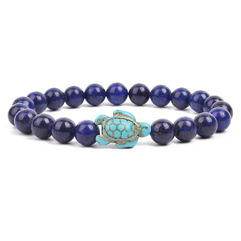 Bracelet perles tortues de mer 8 mm Turquoise Pierre Naturelle Élastique Extensible Femmes Hommes Amitié Bijoux d'Été Plage Cadeaux