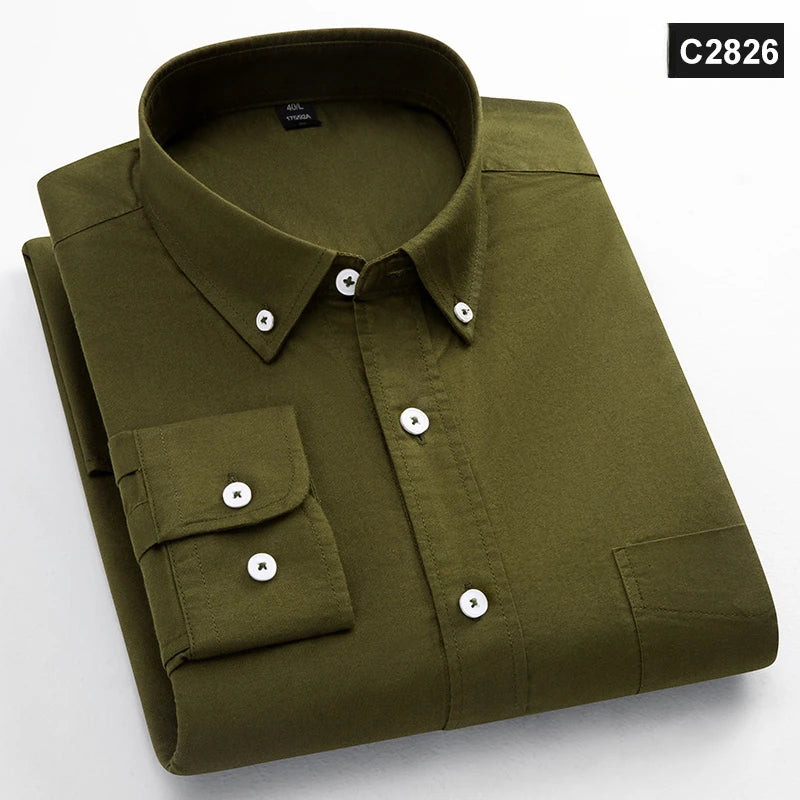 Chemise à manches longues 100 % coton pour homme, coupe classique, poche unique, coupe ajustée, haut décontracté, tissu Oxford doux, couleur unie, vêtements de bureau