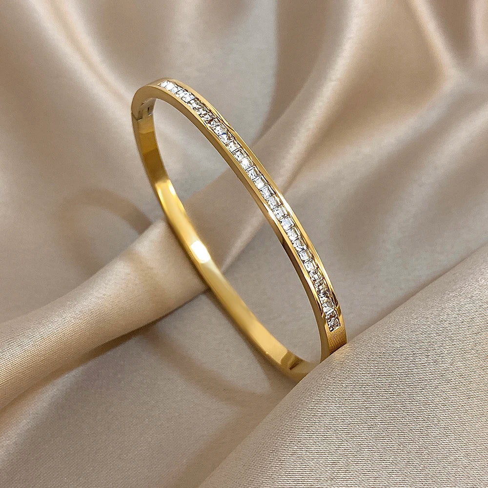 Bracelets joncs en acier inoxydable avec strass brillants pour femmes, couleur or et argent, empilables, bijoux cadeaux