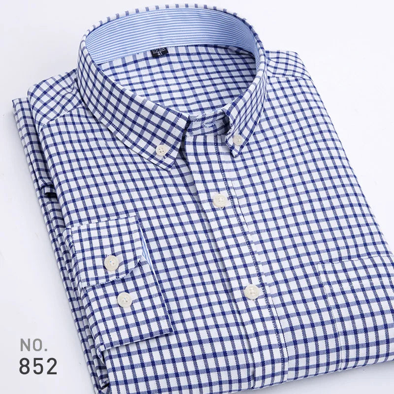 Chemise décontractée à manches longues en oxford à rayures et carreaux pour homme, confortable, respirante, à col boutonné, coupe ajustée, pour affaires