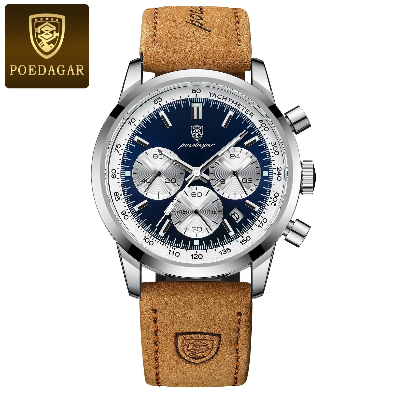 POEDAGAR Montre homme étanche avancée avec calendrier, veilleuse, chronomètre, montre homme en cuir de luxe et de mode