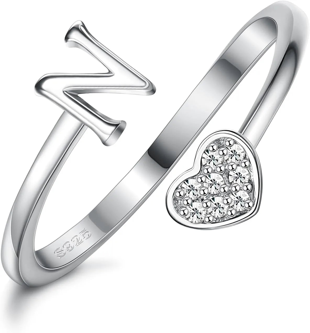 Fansilver Bagues initiales en argent sterling 925, bagues empilables réglables en forme de cœur, jolies bagues alphabétiques en forme de cœur, cadeau pour elle