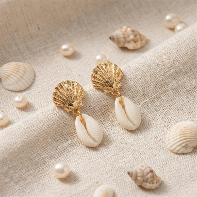 Boucles d'oreilles pendantes étoile de mer coquillage style Bohème Océan pour femmes, Conque de bord de mer, boucles d'oreilles perle, Bijoux de charme pour fête à la plage