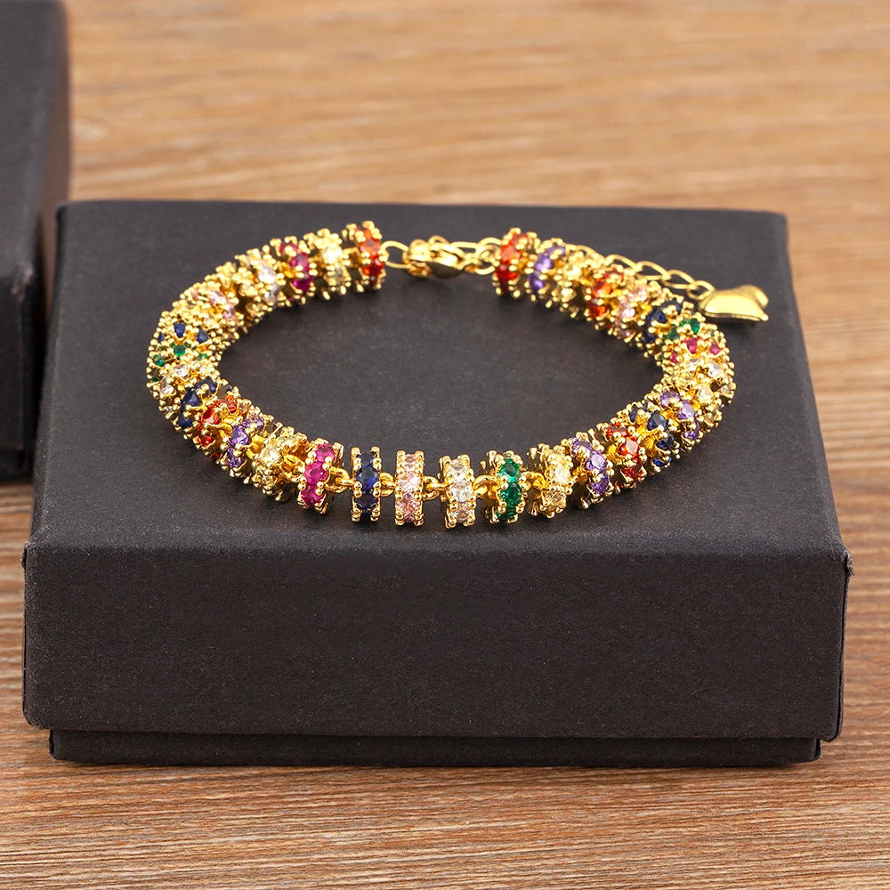 Nidin Bracelet Chaîne Plaqué Or avec Perles pour Femme, Breloques Cœur en Zircon Coloré, Bijoux de Fête de Mariage Cadeaux