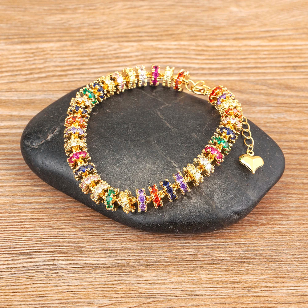 Nidin Bracelet Chaîne Plaqué Or avec Perles pour Femme, Breloques Cœur en Zircon Coloré, Bijoux de Fête de Mariage Cadeaux