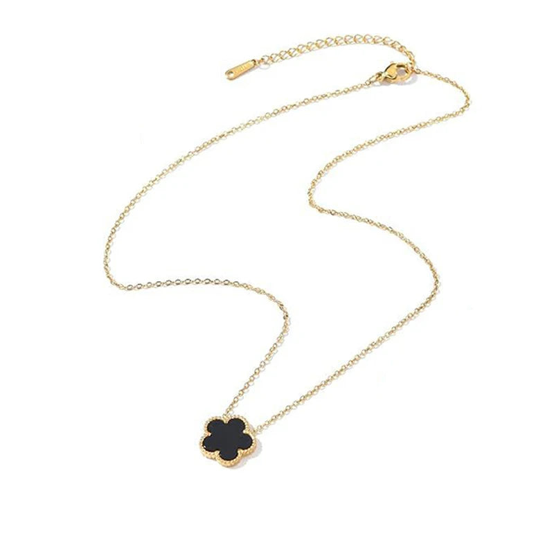 Collier en Acier Inoxydable Plaqué Or 14 Carats pour Femme, Pendentif Double Face Cinq Pétales de Fleur, Bijou Trèfle