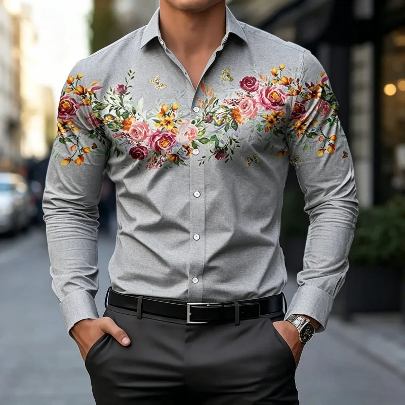 Chemises à motif floral papillon de jardin romantique européen pour hommes, coupe ajustée, manches longues, hauts de bureau formels