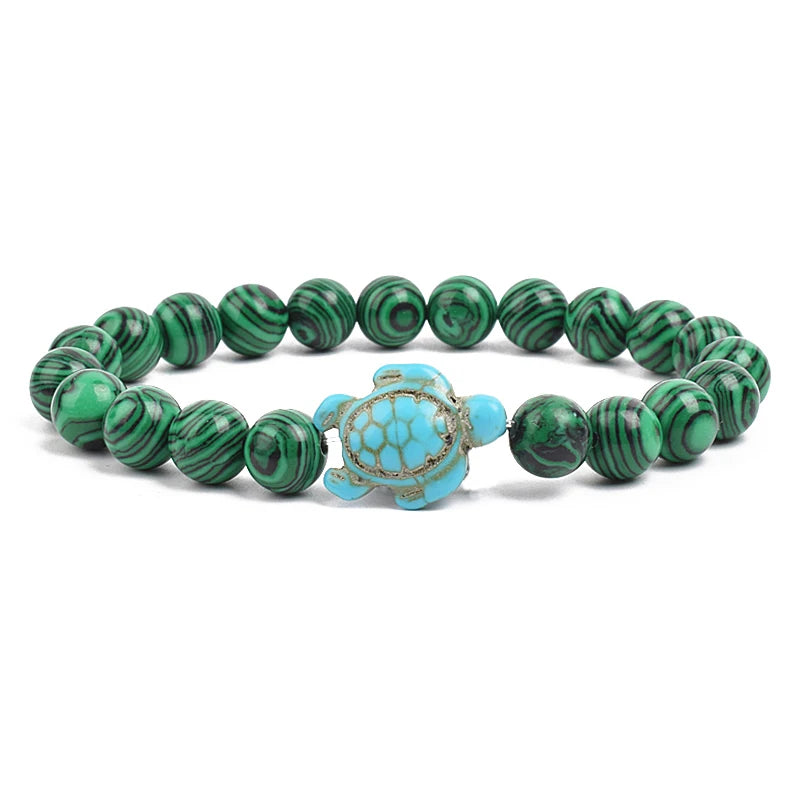 Bracelet perles tortues de mer 8 mm Turquoise Pierre Naturelle Élastique Extensible Femmes Hommes Amitié Bijoux d'Été Plage Cadeaux
