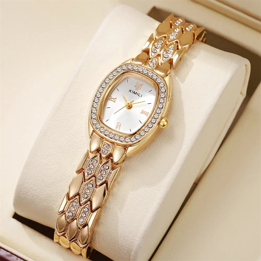 Luxury Gold Plated Ladies Fashion Quartz Watch Simple Rome Barrel-Shaped Stainless Steel Business Clock Quality Buckle Strap