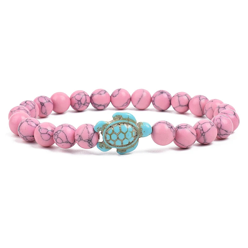 Bracelet perles tortues de mer 8 mm Turquoise Pierre Naturelle Élastique Extensible Femmes Hommes Amitié Bijoux d'Été Plage Cadeaux