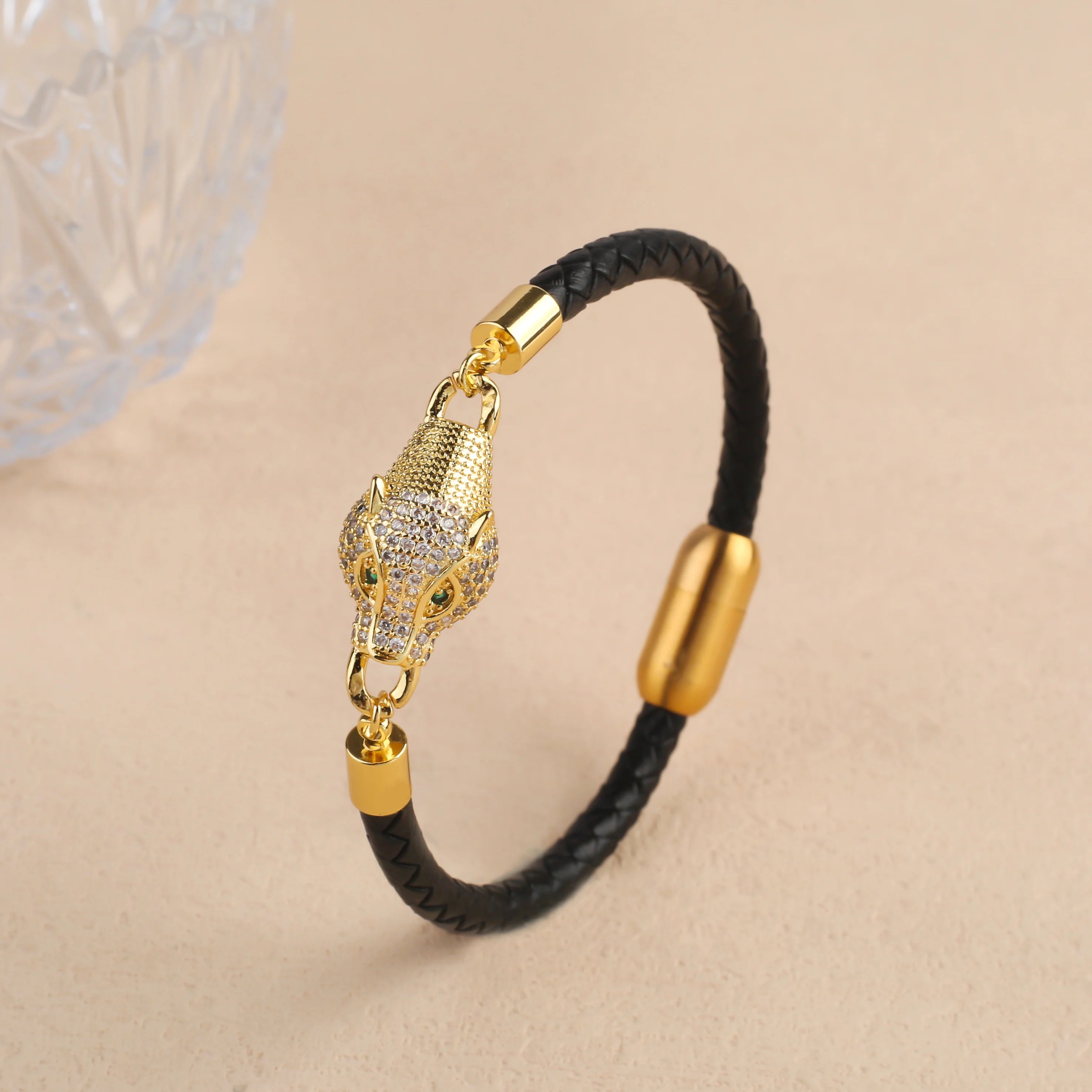 Bracelet Cordon Cuir Tressé Tête de Léopard Style Animal Bully Mode Homme Femme Bijoux Acier Inoxydable Zirconia Quotidien