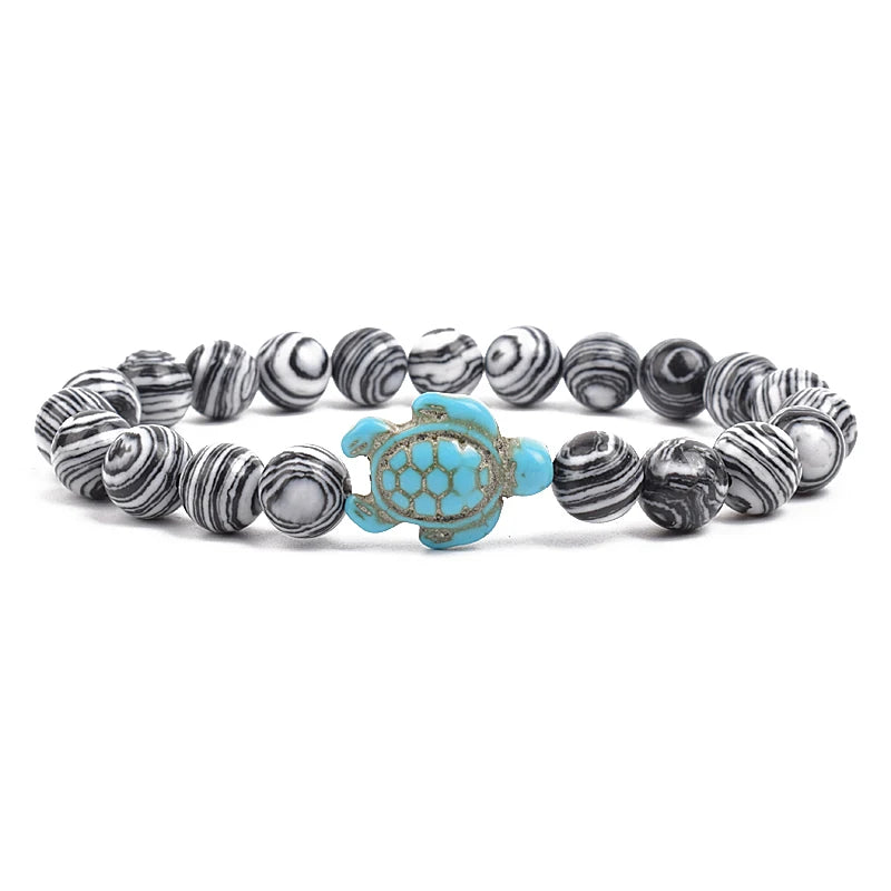 Bracelet perles tortues de mer 8 mm Turquoise Pierre Naturelle Élastique Extensible Femmes Hommes Amitié Bijoux d'Été Plage Cadeaux
