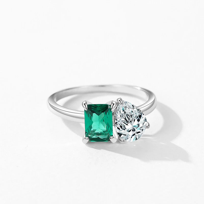 Ailmay Bague Femme en Argent Sterling 925 Tendance Zircon Vert Rectangle Éblouissant Forme Goutte d'Eau Bijoux Fins de Mariage de Luxe