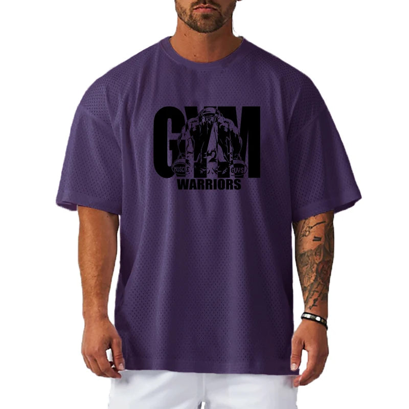 T-shirt décontracté ample pour homme - Sport, gym, musculation, manches courtes, été, maille, séchage rapide, respirant