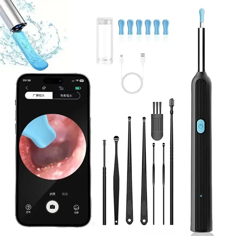 Élimination sans fil du cérumen avec caméra Nettoyeur d'oreille rechargeable Caméra HD avec kit de curettes Nettoyage du conduit auditif