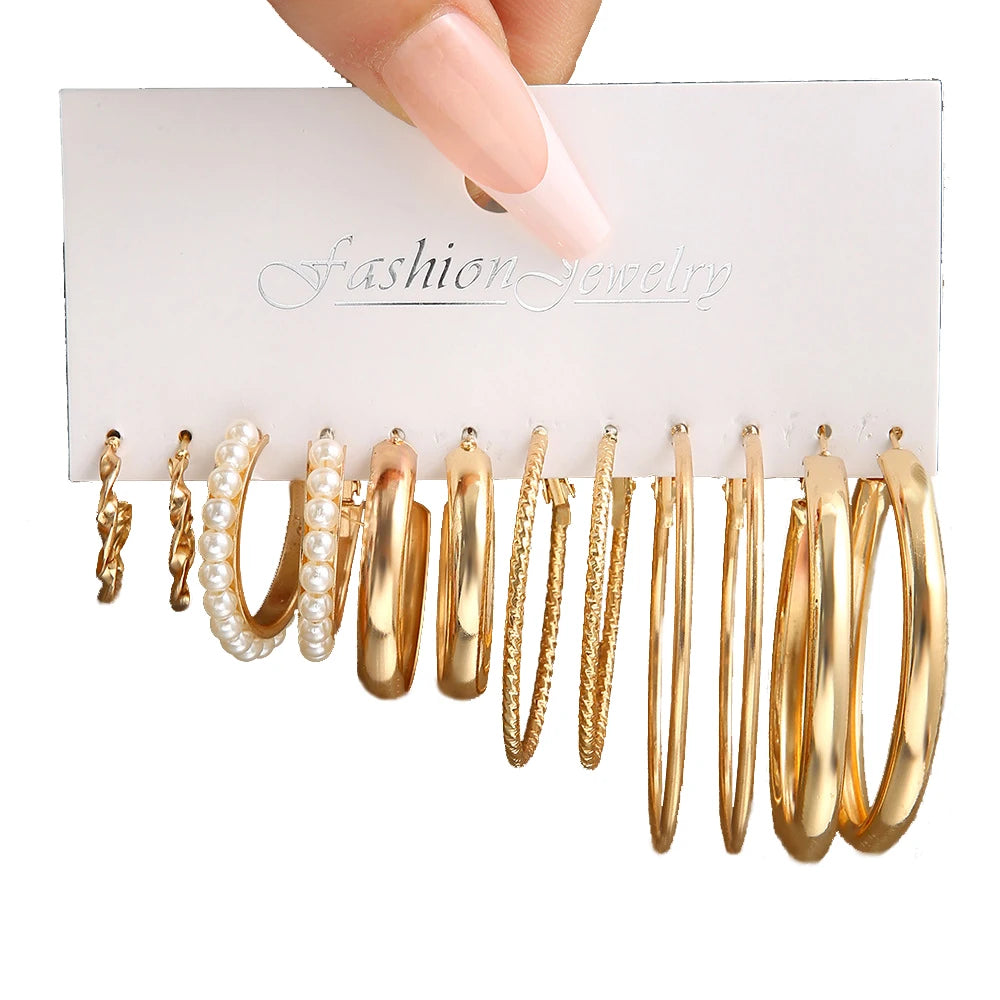 LATS Grand ensemble de boucles d'oreilles créoles bohèmes pour femmes, couleur or, style bohème, vintage, perle, boucles d'oreilles carrées, clous d'oreilles cœur en zircon, bijoux