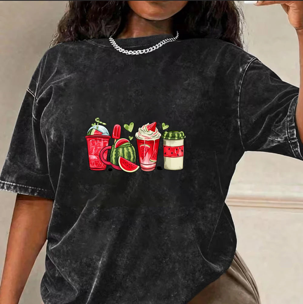 T-shirt Lavé Noir Vintage Pastèque Coco Ambiance Estivale Imprimé Boissons Tropicales Décontracté Surdimensionné en Coton Pour la Plage