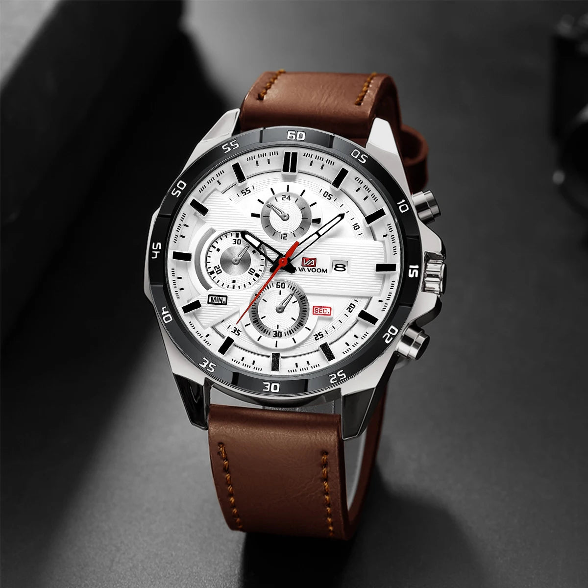Montre Homme Sport Mode Série Racing 46mm Cuir Noir Horloge VA VA VOOM Mouvement Quartz Étanche 3 Bars Montre-bracelet pour Hommes