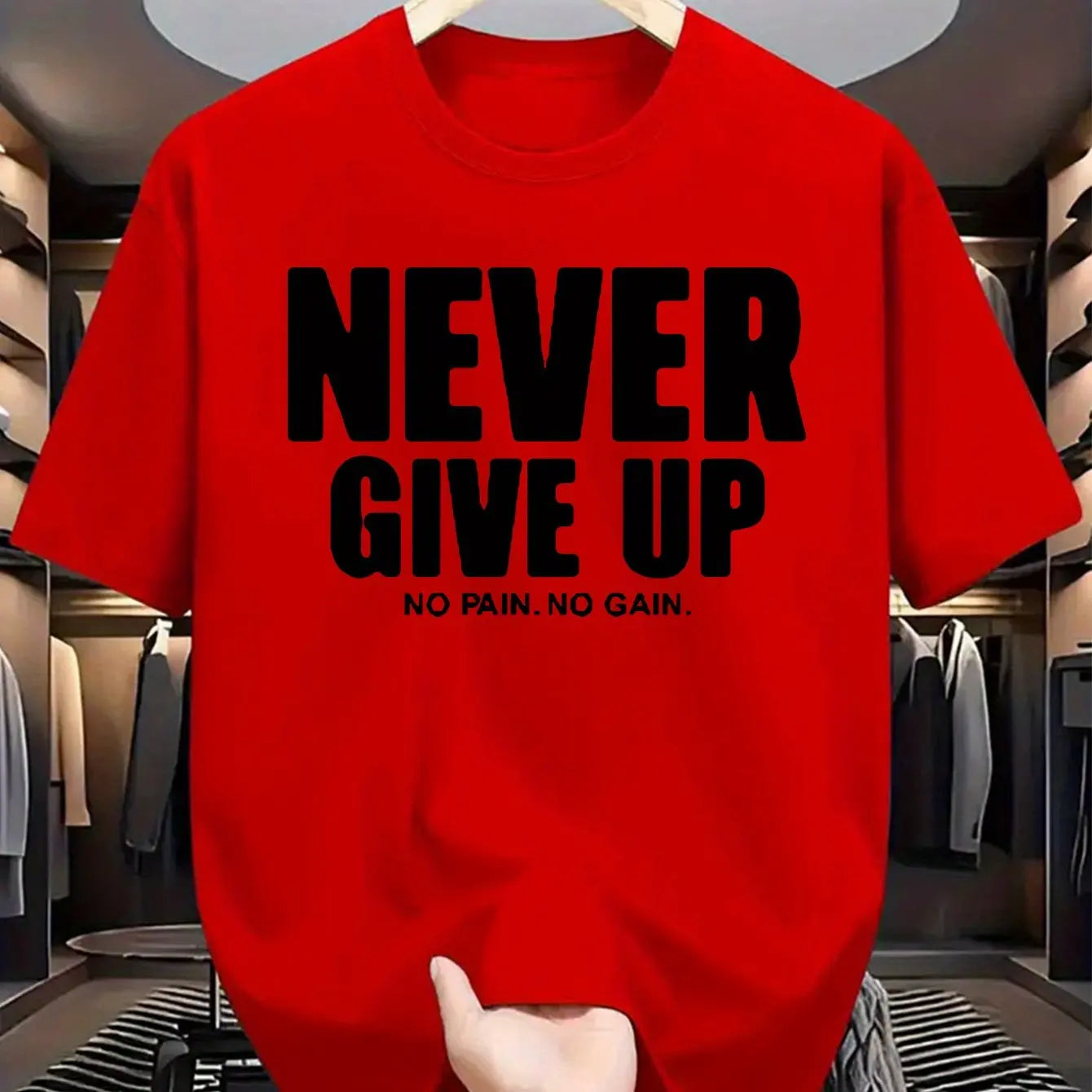 T-shirt homme à manches courtes et col rond, 100 % coton pur, décontracté, ample, avec motif de lettres "never give up" imprimé