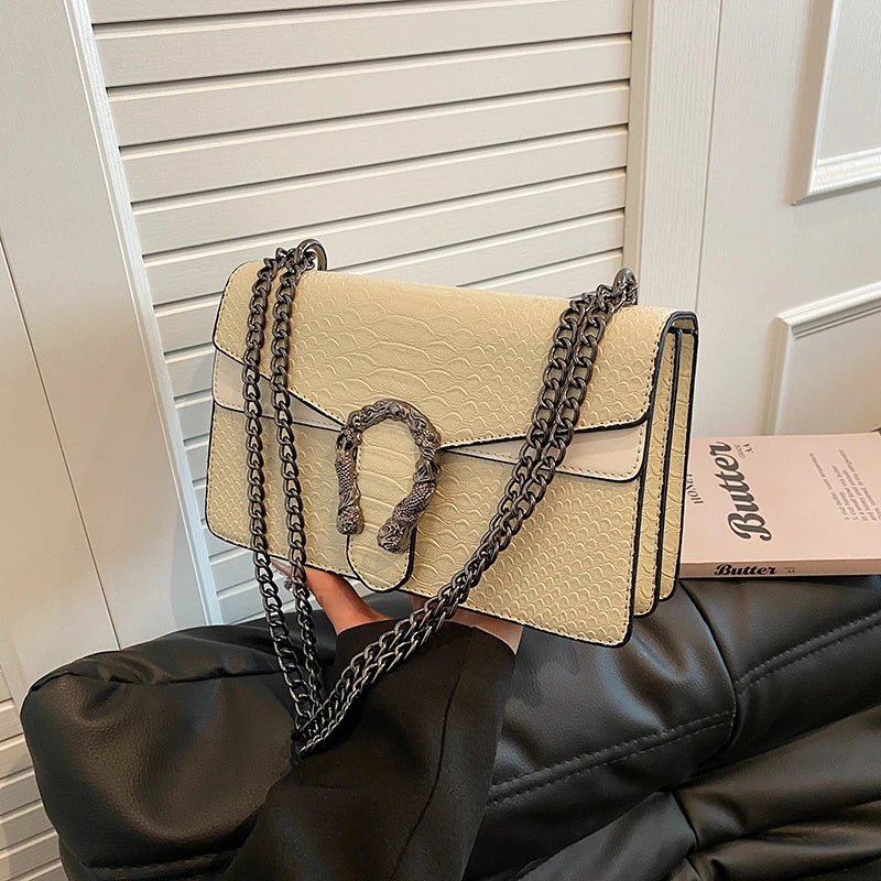 Sac à bandoulière pour femmes style rétro, motif serpent, petit sac carré, accessoire tendance