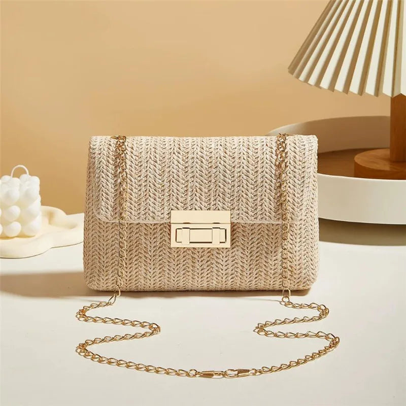 Sac à bandoulière tissé en paille pour femme, sac à bandoulière de couleur unie à la mode avec fermeture à loquet