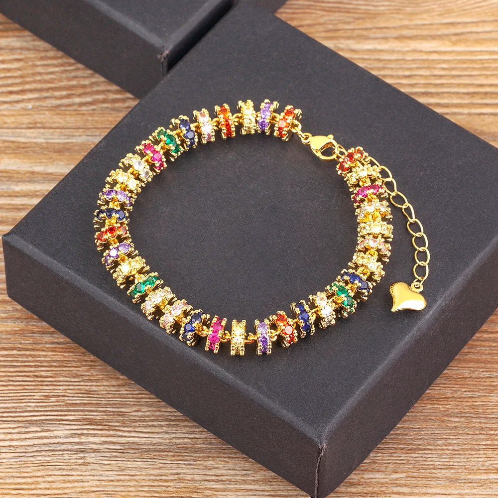 Nidin Bracelet Chaîne Plaqué Or avec Perles pour Femme, Breloques Cœur en Zircon Coloré, Bijoux de Fête de Mariage Cadeaux