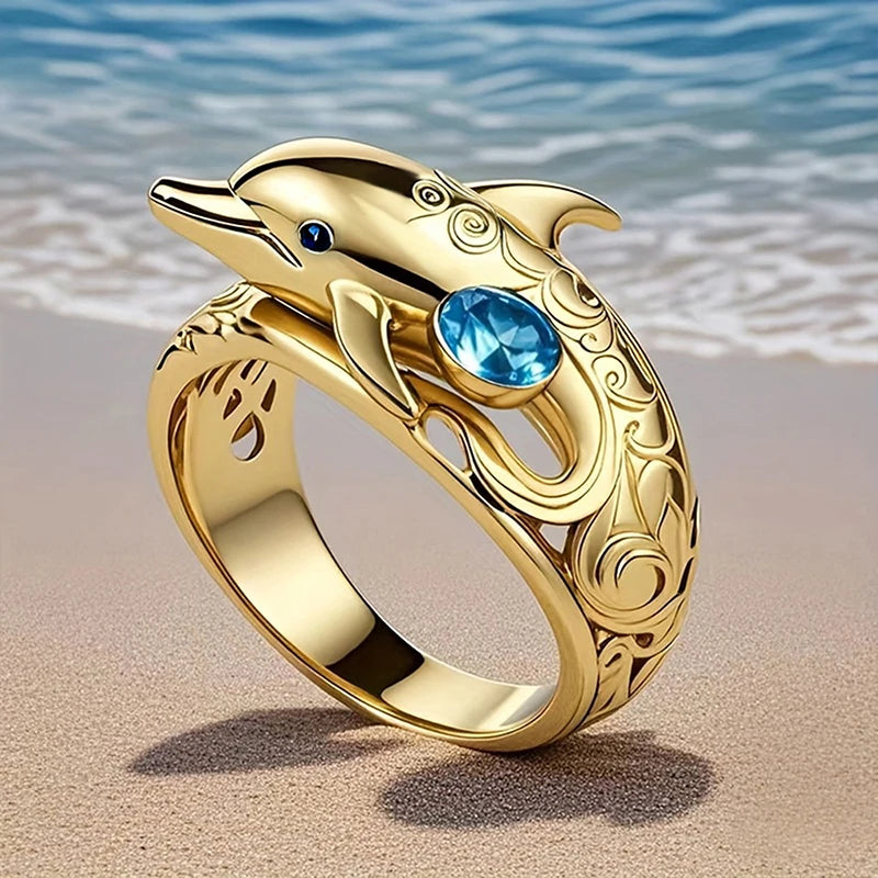 Bagues pour femmes Huitan au design chic de dauphin Bagues animales océaniques avec zircon cubique bleu Cadeaux Bijoux de mode à porter au quotidien