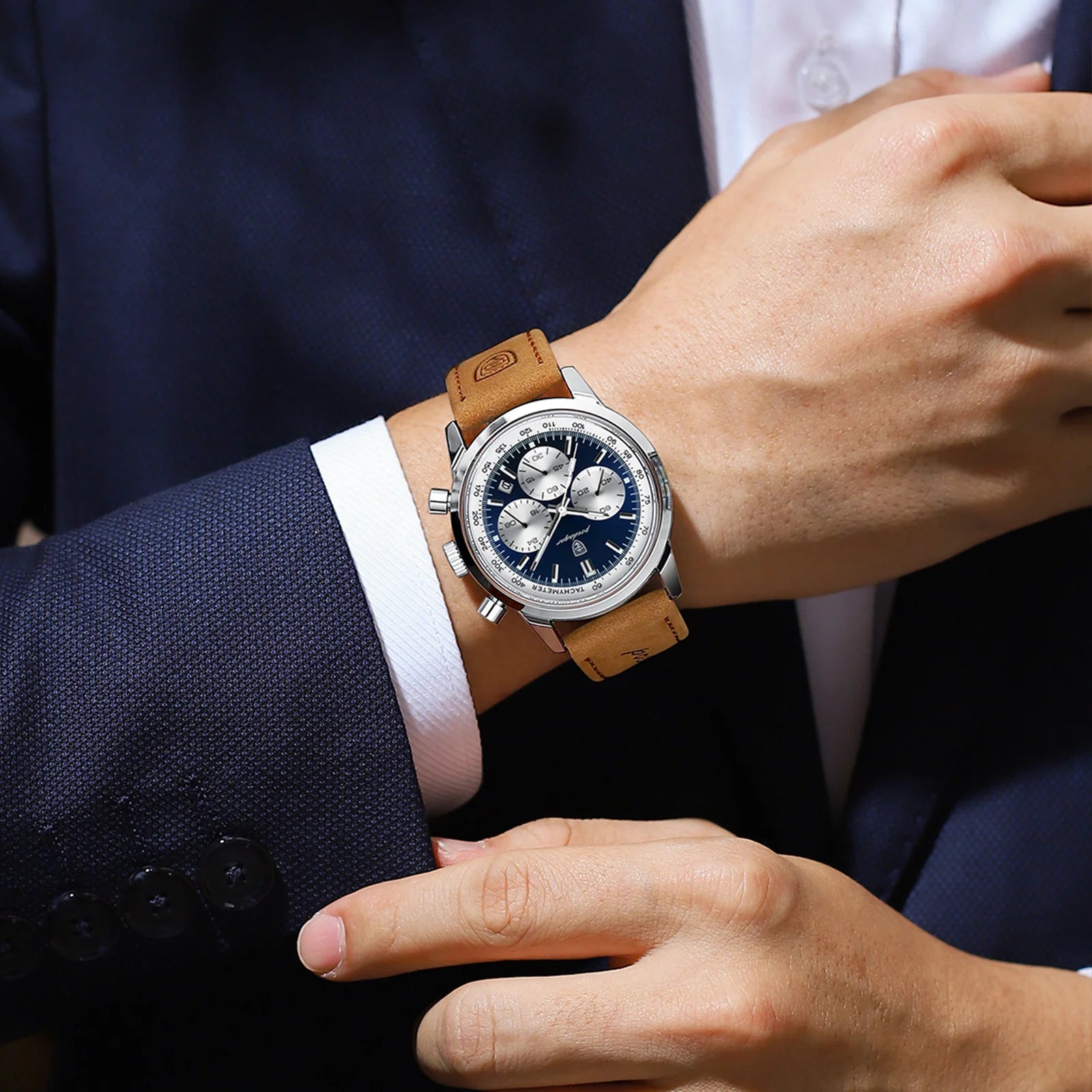 POEDAGAR Montre homme étanche avancée avec calendrier, veilleuse, chronomètre, montre homme en cuir de luxe et de mode