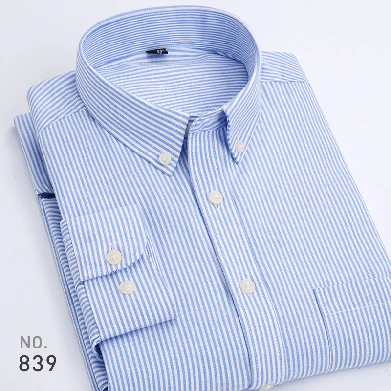 Chemise décontractée à manches longues en oxford à rayures et carreaux pour homme, confortable, respirante, à col boutonné, coupe ajustée, pour affaires