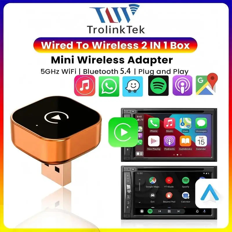 TrolinkTek 2 في 1 دونجل CarPlay اللاسلكي محول أندرويد أوتو اللاسلكي صندوق CarPlay أنظمة السيارة الذكية للسيارات المزودة بنظام CarPlay سلكي