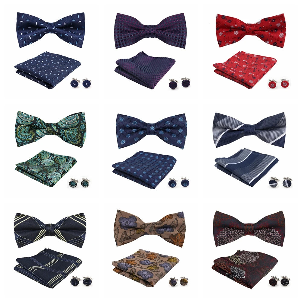 3pc Set Bow Tie Bowtie Handkerchief Cufflinks Set For Men Shirts Fit Business Wedding Butterfly Paisley Pocket Square Bowtie Man