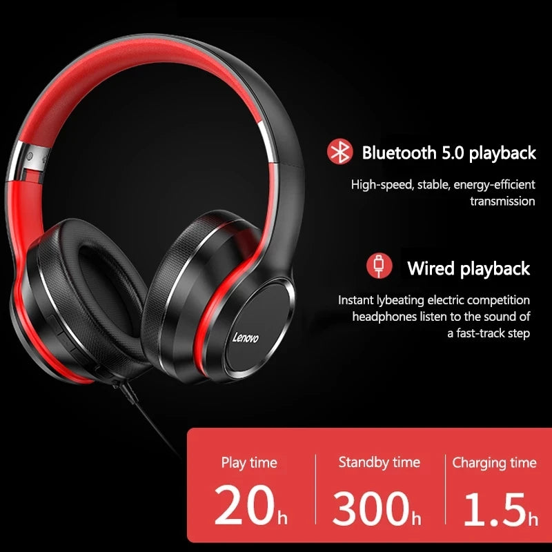 Écouteurs Bluetooth supra-auriculaires pliables Lenovo HD200 Casque sans fil pour ordinateur Réduction du bruit Stéréo HIFI Casque de jeu