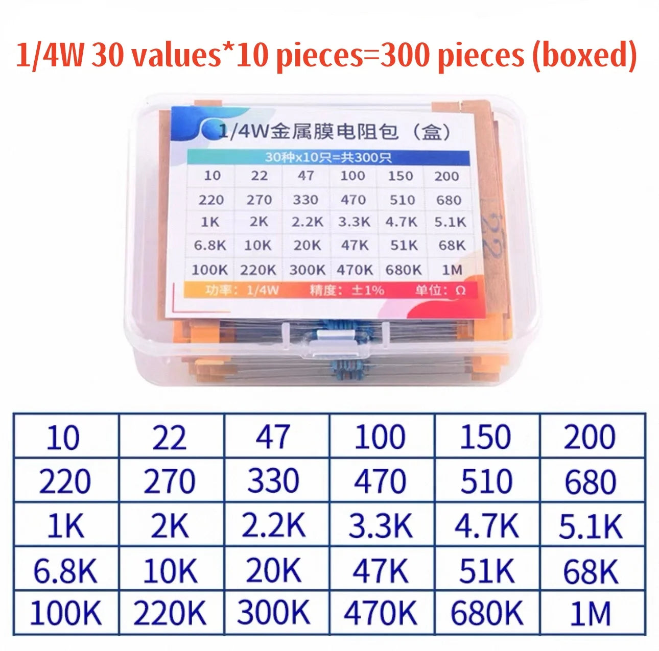 300 pcs/600 pcs/820 pcs Kit de résistances 1 % 1/4 W à film métallique, 10 Ohms ~ 1 M Ohms, 30 valeurs, Kit de composants électroniques