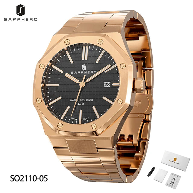Montre SAPPHERO pour hommes, bracelet en acier inoxydable, design résistant à l'eau, calendrier automatique, cadeaux de fête, horloge de boîte-cadeau exquise
