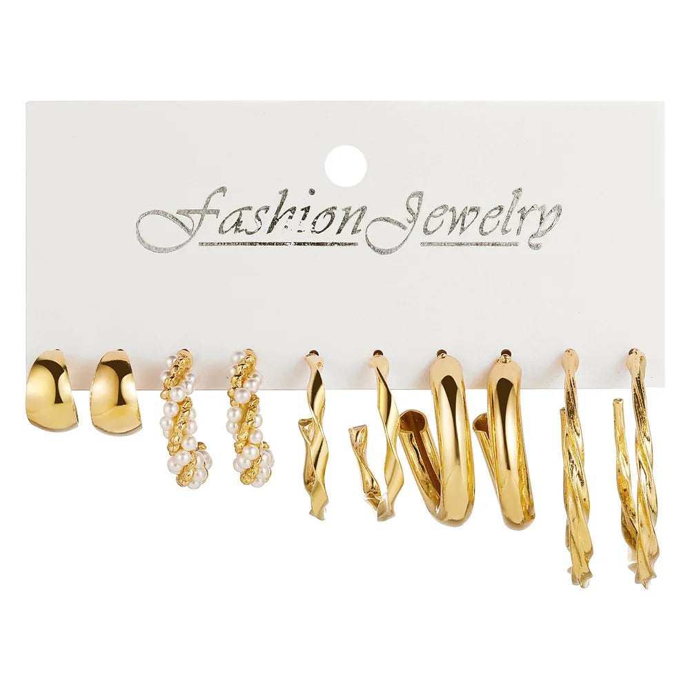 LATS Grand ensemble de boucles d'oreilles créoles bohèmes pour femmes, couleur or, style bohème, vintage, perle, boucles d'oreilles carrées, clous d'oreilles cœur en zircon, bijoux