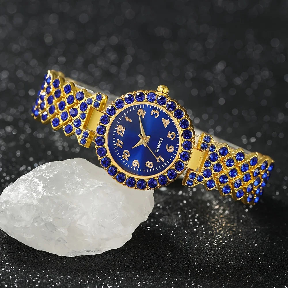 Une montre à quartz pour femme, comprenant un assortiment de 6 pièces : une montre en alliage à boîtier rond, des boucles d'oreilles, un collier et une bague,