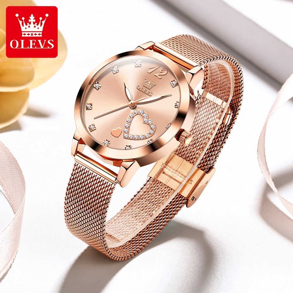OLEVS 5189 Montre Femme Quartz Montre-Bracelet Décontractée Mode pour Femmes Étanche Lumineuse Maille Ceinture Cadran Amour Échelle Zircon