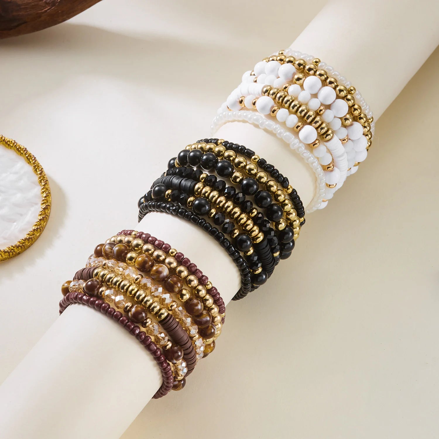 Lot de 10 Bracelets Bohèmes Chic en Bois et Perles Mixées pour Femmes, Bracelets Exquis en Gravier de Cristal, Cadeaux de Bijoux d'Amitié