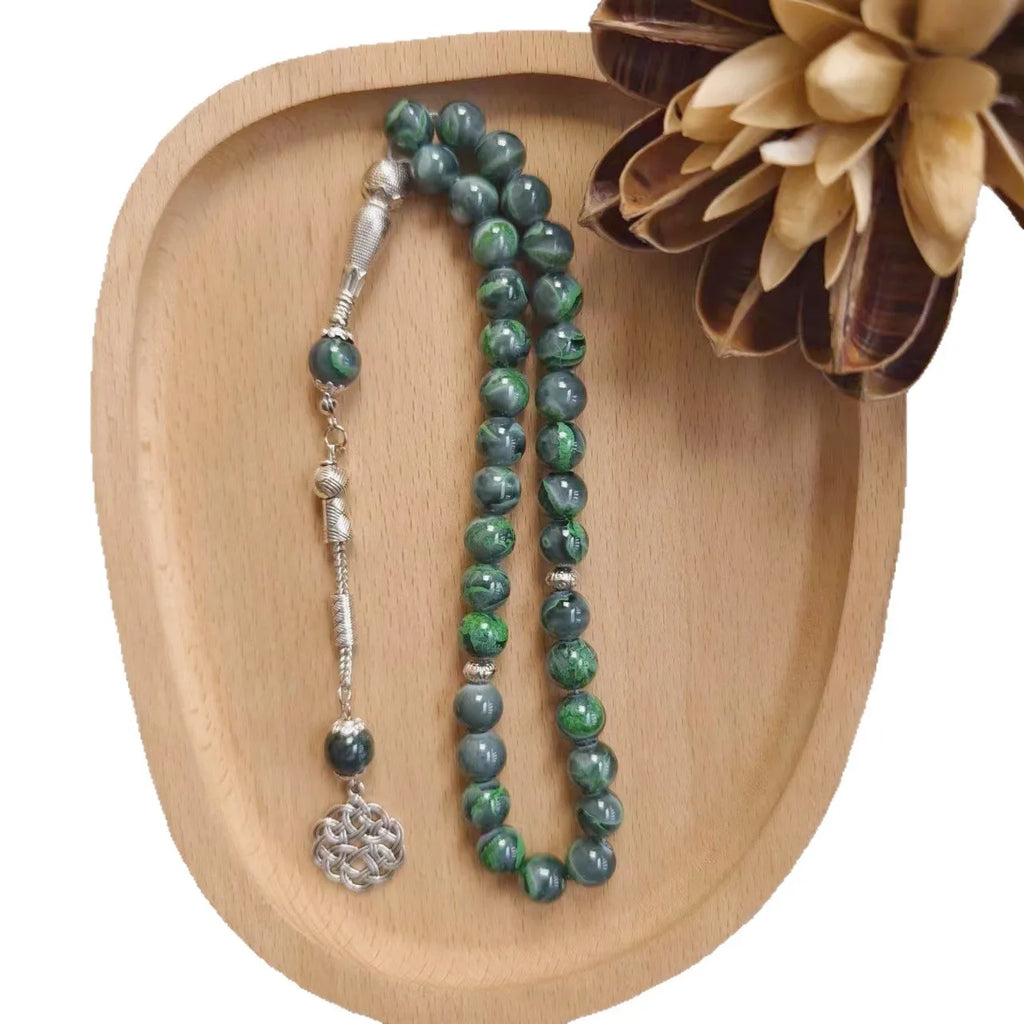 Green Veined Stone Islamic Prayer Beads Tesbih, Silver Celtic Knot Arabic Muslim Worship Rosary, Middle Eastern Jewelry Gift